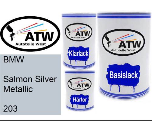 BMW, Salmon Silver Metallic, 203: 500ml Lackdose + 500ml Klarlack + 250ml Härter - Set, von ATW Autoteile West.